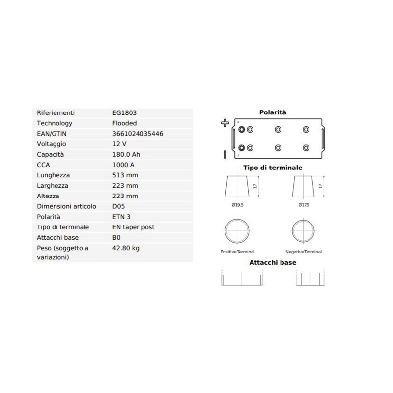BATTERIA 180AH, 1000A, 513X223X223,  SX