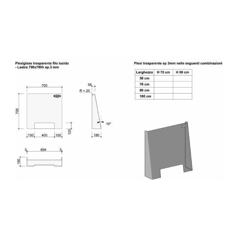 PANNELLI DIVISORI PROTETTIVI 3MM 800X700