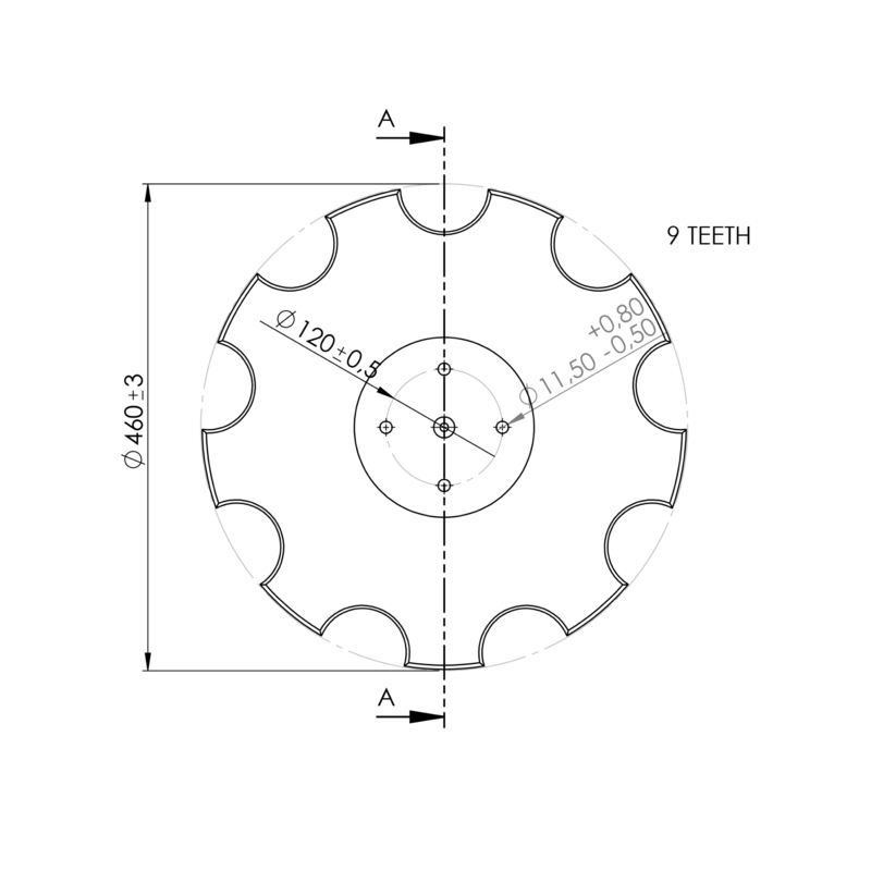 DISCO 460X4 CONCAVO DENTATO BASE PIANA, 4 FORI ø 11,5 SU ø 120