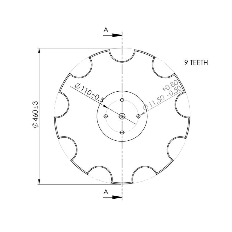 DISCO 460X4 CONCAVO DENTATO BASE PIANA, 4 FORI ø 11,5 SU ø 110