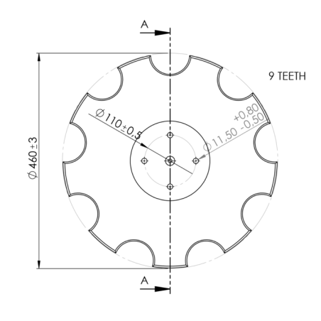 DISCO 460X4 CONCAVO DENTATO BASE PIANA, 4 FORI ø 11,5 SU ø 110