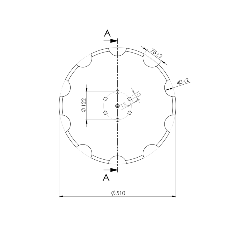 DISCO 510X4 CONCAVO DENTATO, 4 FORI Q. 13X13 SU ø 122