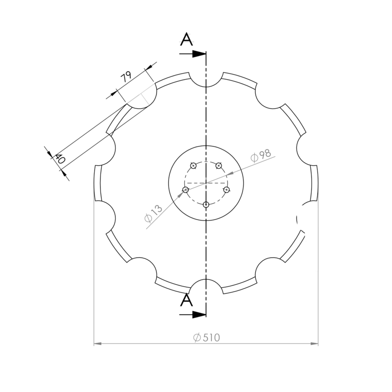 DISCO 510X4 CONCAVO DENTATO BASE PIANA, 5 FORI ø 13 SU ø 98 SKF