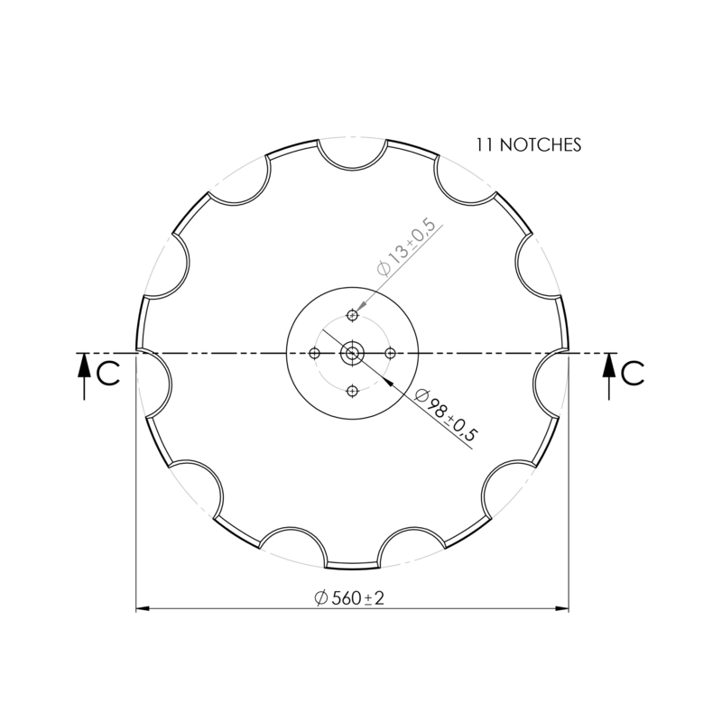DISCO 560X6 CONCAVO DENTATO BASE PIANA, 4 FORI ø 13 SU ø 98 SKF