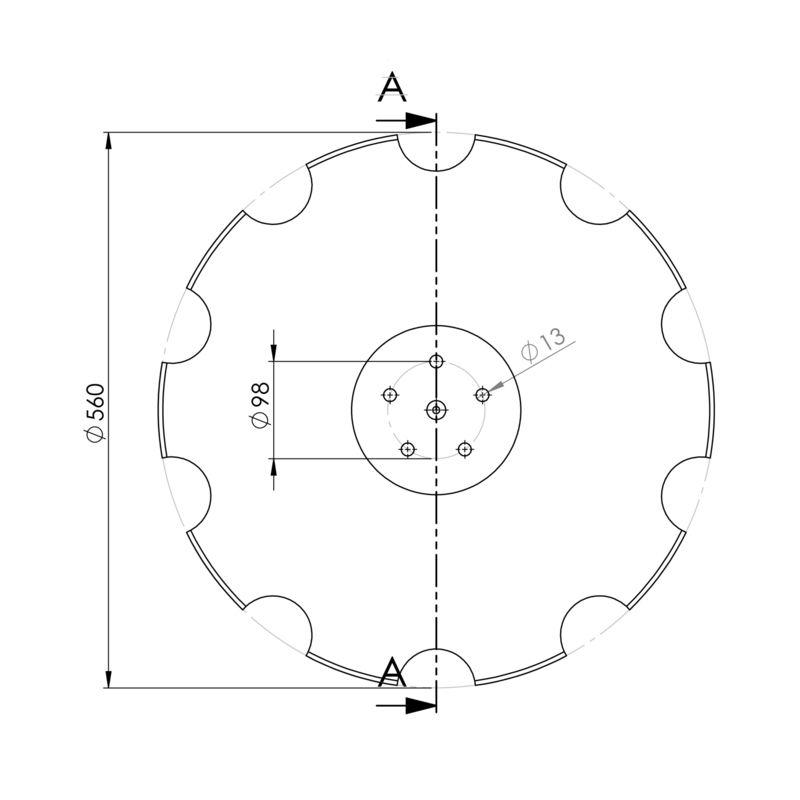 DISCO 560X4 CONCAVO DENTATO BASE PIANA, 5 FORI ø 13 SU ø 98 SKF