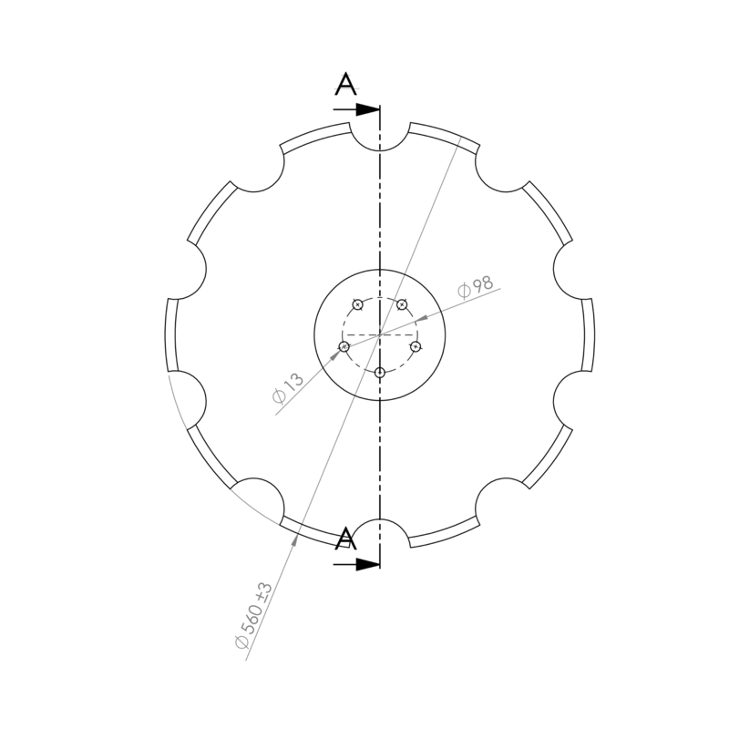 DISCO 560X6 CONCAVO DENTATO BASE PIANA, 5 FORI ø 13 SU ø 98 SKF