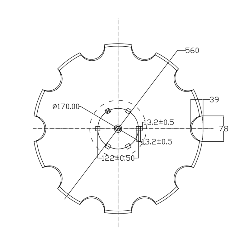 DISCO 560X4 CONCAVO DENTATO BASE PIANA, 6 FORI Q. 13X13 SU ø 122