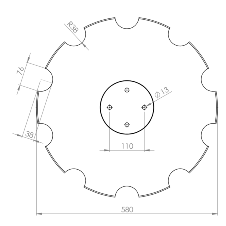 DISCO 580X5 CONCAVO DENTATO BASE PIANA 4 FORI ø 13 SU ø 110 ADATT. POETTINGER