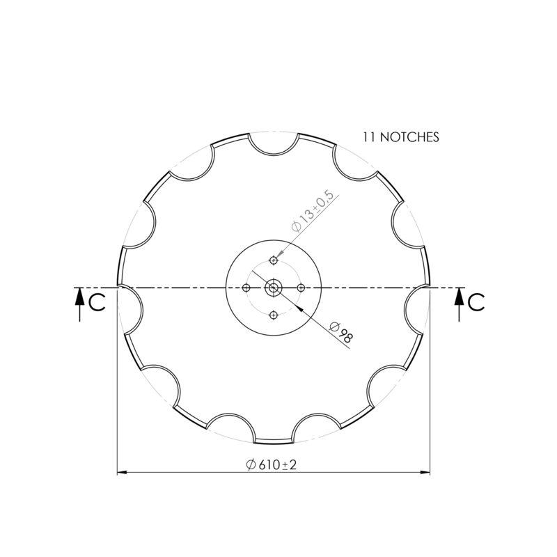 DISCO 610X5 CONCAVO DENTATO BASE PIANA, 4 FORI ø 13 SU ø 98 SKF