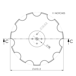 DISCO 610X6 CONCAVO DENTATO BASE PIANA, 4 FORI ø 13 SU ø 98 SKF