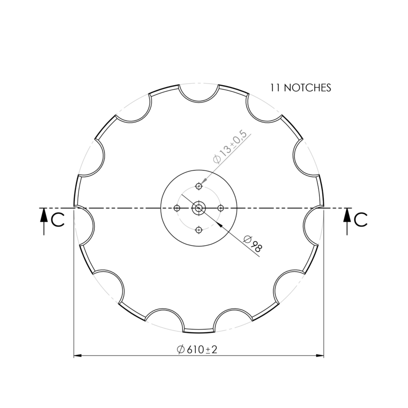 DISCO 610X6 CONCAVO DENTATO BASE PIANA, 4 FORI ø 13 SU ø 98 SKF