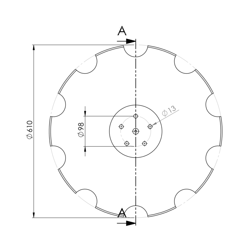 DISCO 610X5 CONCAVO DENTATO BASE PIANA, 5 FORI ø 13 SU ø 98 SKF