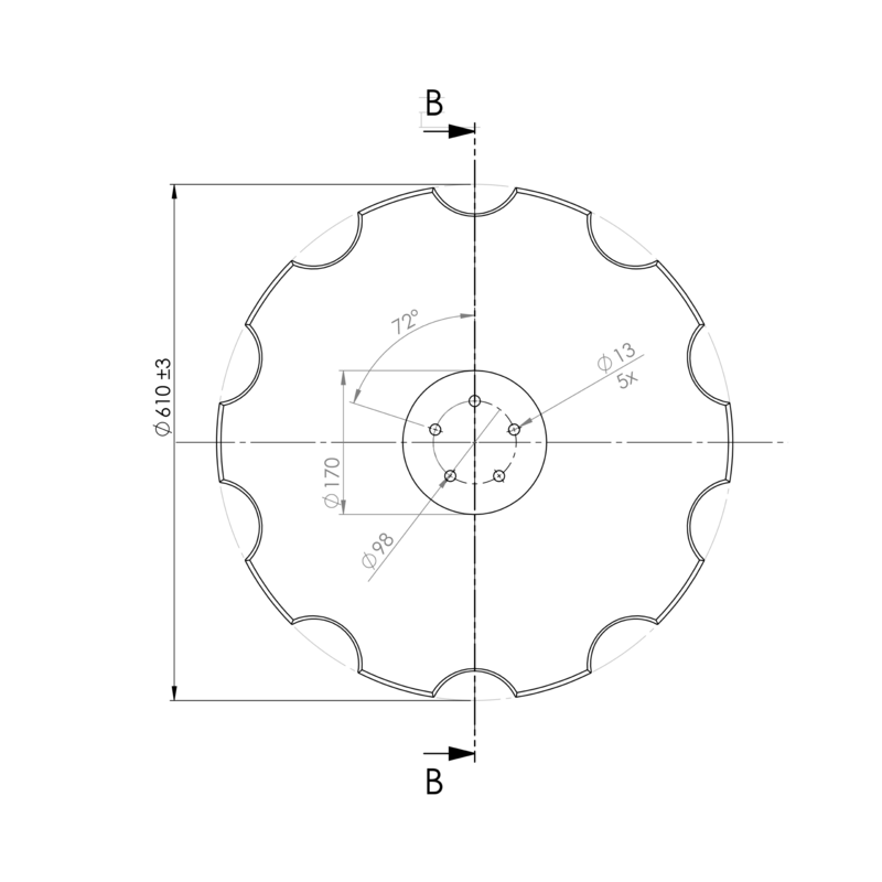 DISCO 610X6 CONCAVO DENTATO BASE PIANA, 5 FORI ø 13 SU ø 98 SKF