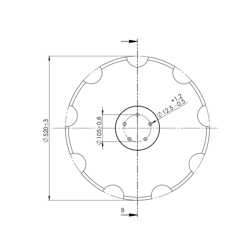 DISCO 520X6 CONCAVO DENTATO BASE PIANA, 5 FORI ø 12,5 SU ø 105 ADATT. HORSCH