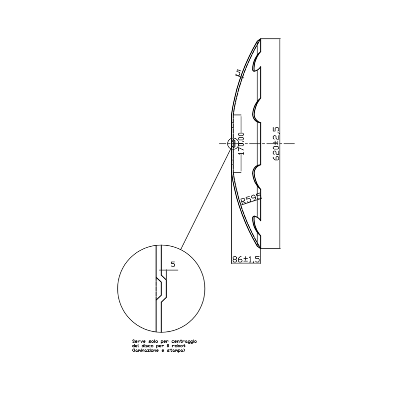 DISCO 620X5 CONCAVO DENTATO BASE PIANA, 6 FORI Q.13 SU ø 130