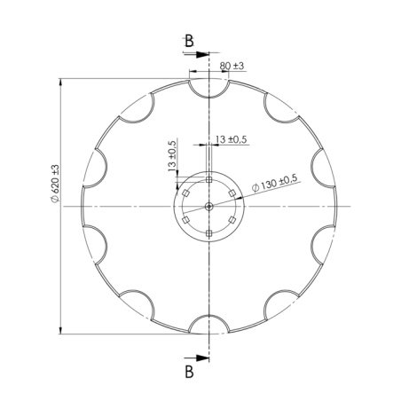 DISCO 620X6 CONCAVO DENTATO BASE PIANA, 6 FORI Q.13 SU ø 130