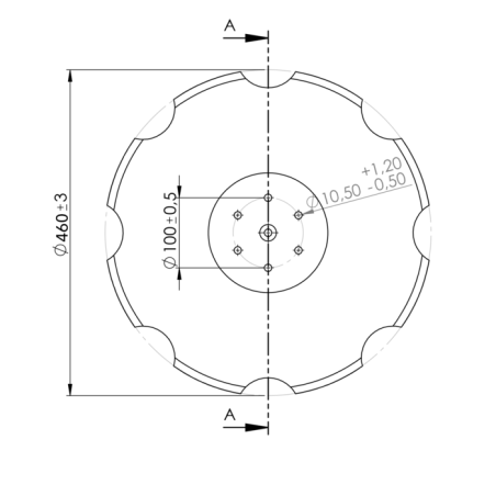 DISCO 460X5 CONCAVO DENTATO BASE PIANA 6 FORI ø 10,5 SU ø 100 ADATT. HORSCH