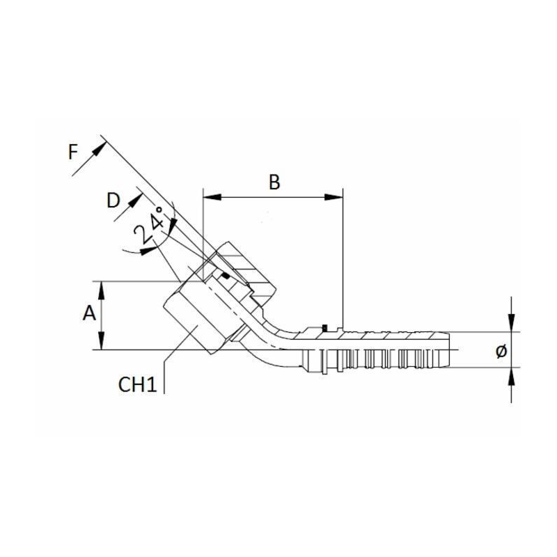 RACCORDO FEMMINA 45° A PRESSARE DIN 24° FILETTO 30X2 (20S) TUBO 5/8”