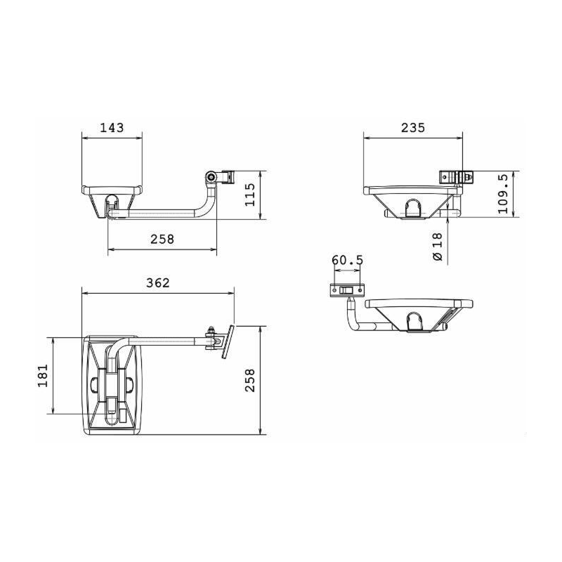 Specchio retrovisore completo dx, misure braccio Ø18 mm 258x181 mm, coppa specchio 235x143 mm