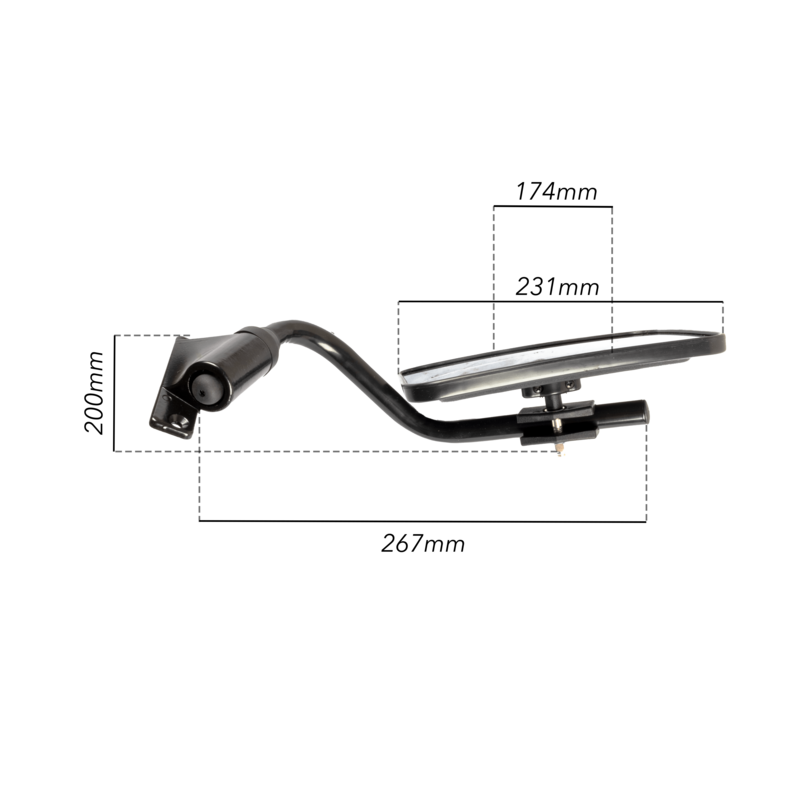 Specchio retrovisore completo dx, misure braccio Ø 20 mm lunghezza 267 mm, coppa specchio 231x174 mm