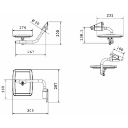 Specchio retrovisore completo sx, misure braccio Ø 20 mm lunghezza 267 mm, coppa specchio 231x174 mm