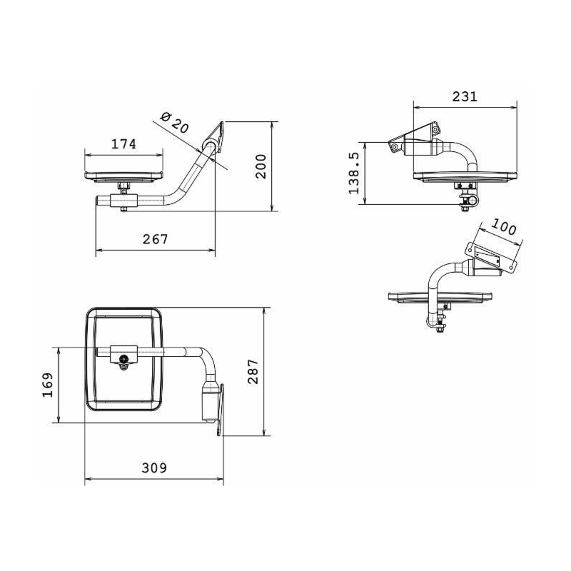 Specchio retrovisore completo sx, misure braccio Ø 20 mm lunghezza 267 mm, coppa specchio 231x174 mm