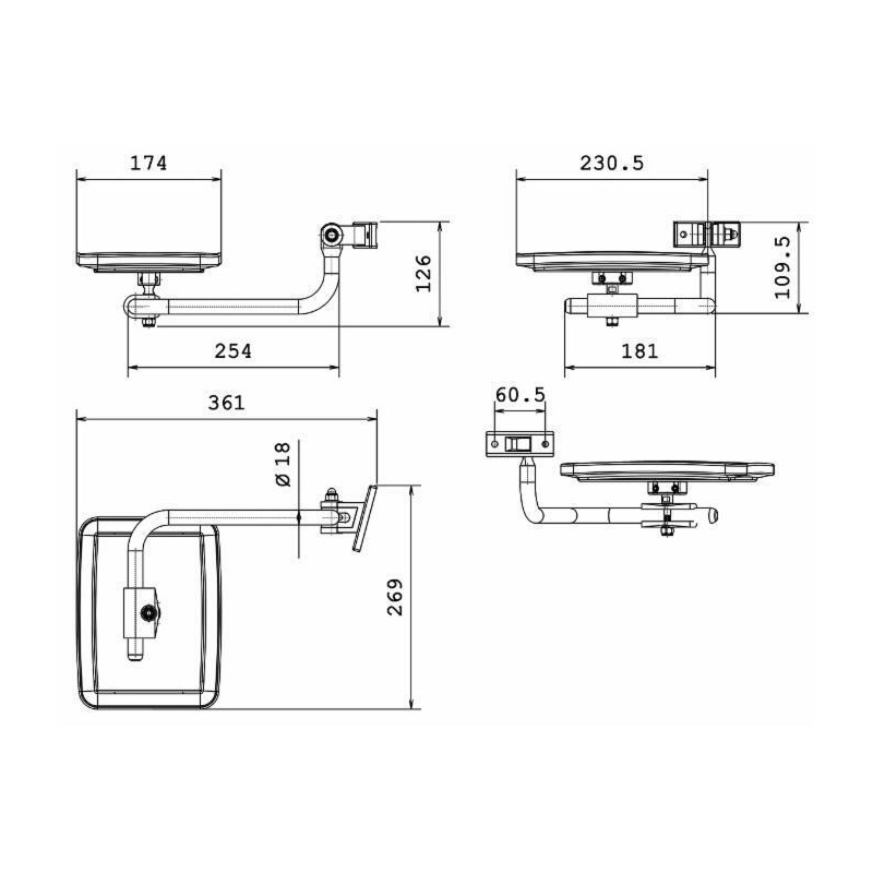 Specchio retrovisore completo dx, misure braccio Ø18 mm lunghezza 254 mm, coppa specchio 231x174 mm