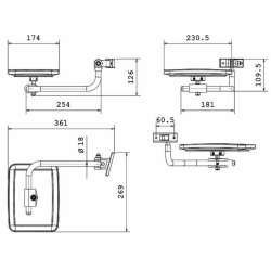 Specchio retrovisore completo sx, misure braccio Ø18 mm lunghezza 254 mm, coppa specchio 231x174 mm