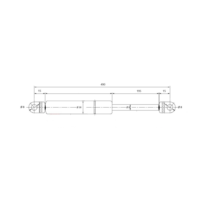 Molla a gas Lmax 490 mm, 200N, corsa 195 mm