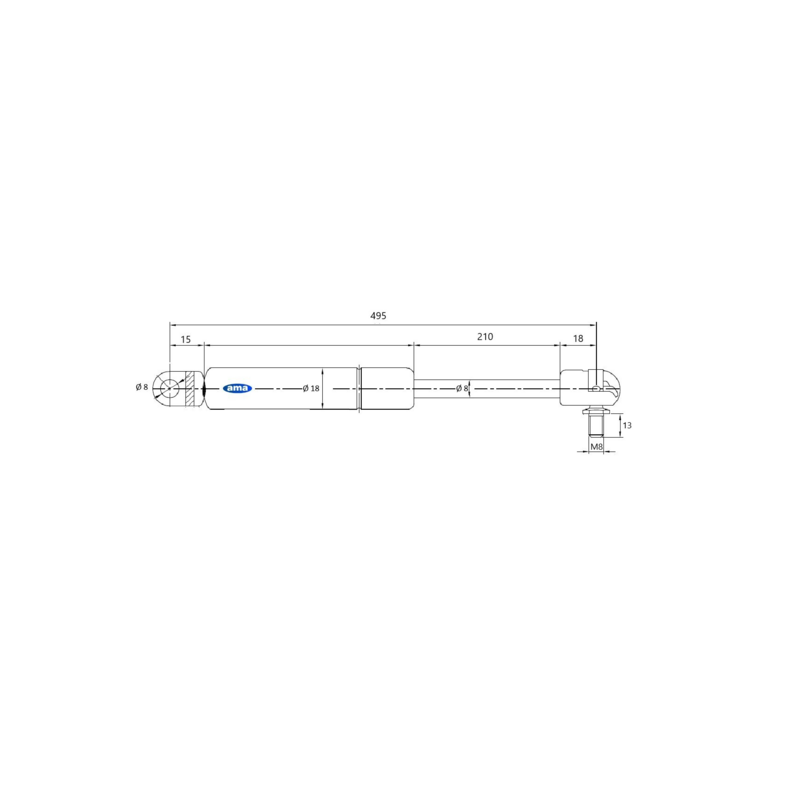 Molla a gas Lmax 495 mm, 150N, corsa 210 mm