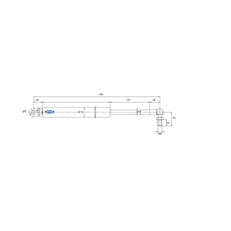 Molla a gas Lmax 330 mm, 110N, corsa 115 mm