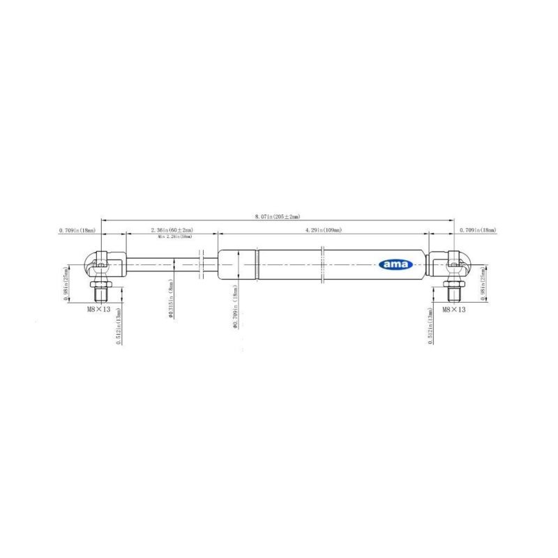 Molla a gas AMA Lmax 205mm 300N corsa 60mm