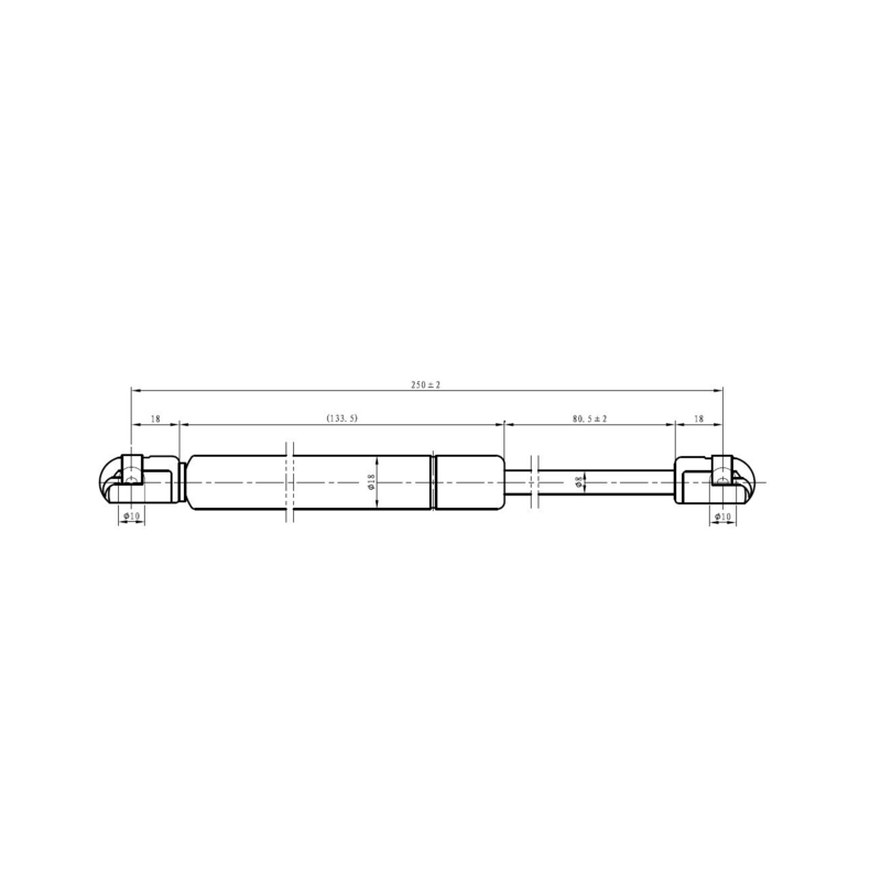 Molla a gas Lmax 250 mm, 750N, corsa 85,5 mm