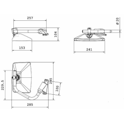 Specchio retrovisore completo dx, misure braccio Ø20mm 285 mm, coppa specchio 241x153 mm