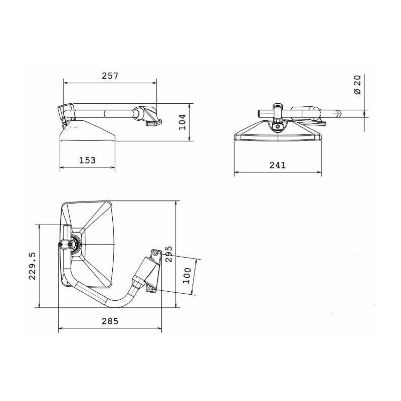Specchio retrovisore completo dx, misure braccio Ø20mm 285 mm, coppa specchio 241x153 mm