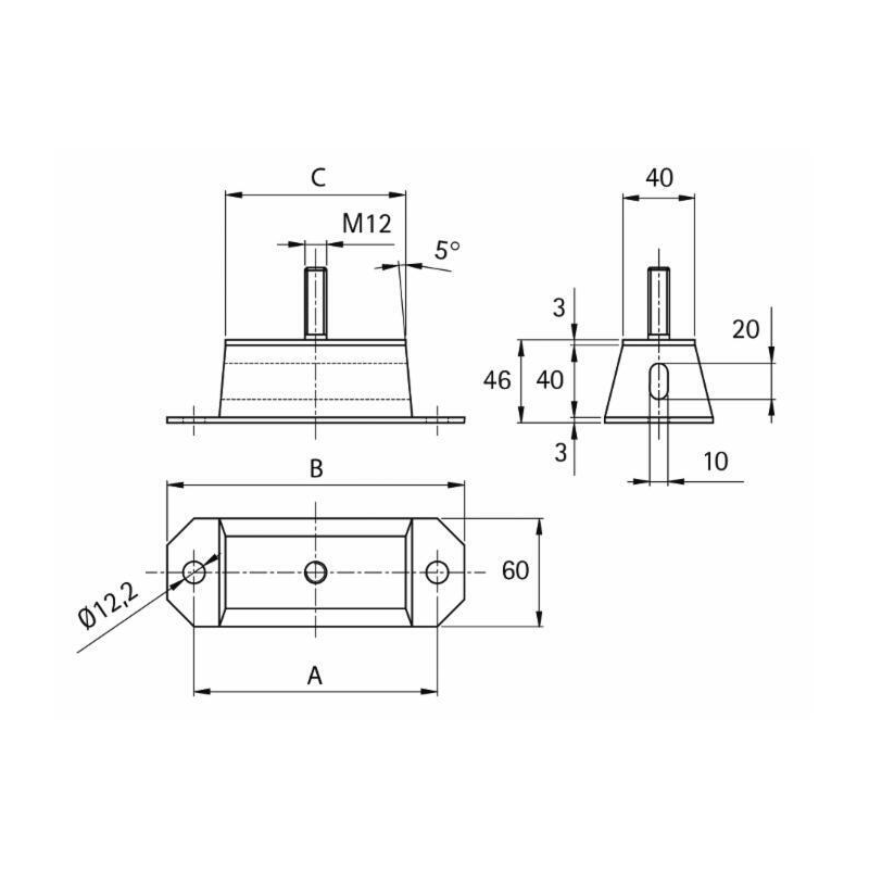 SUPPORTO ANTIVIBRANTE RETTANGOLARE 150X40 PERNO M12
